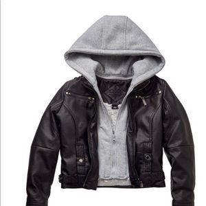 Hooded faux- leather jacket